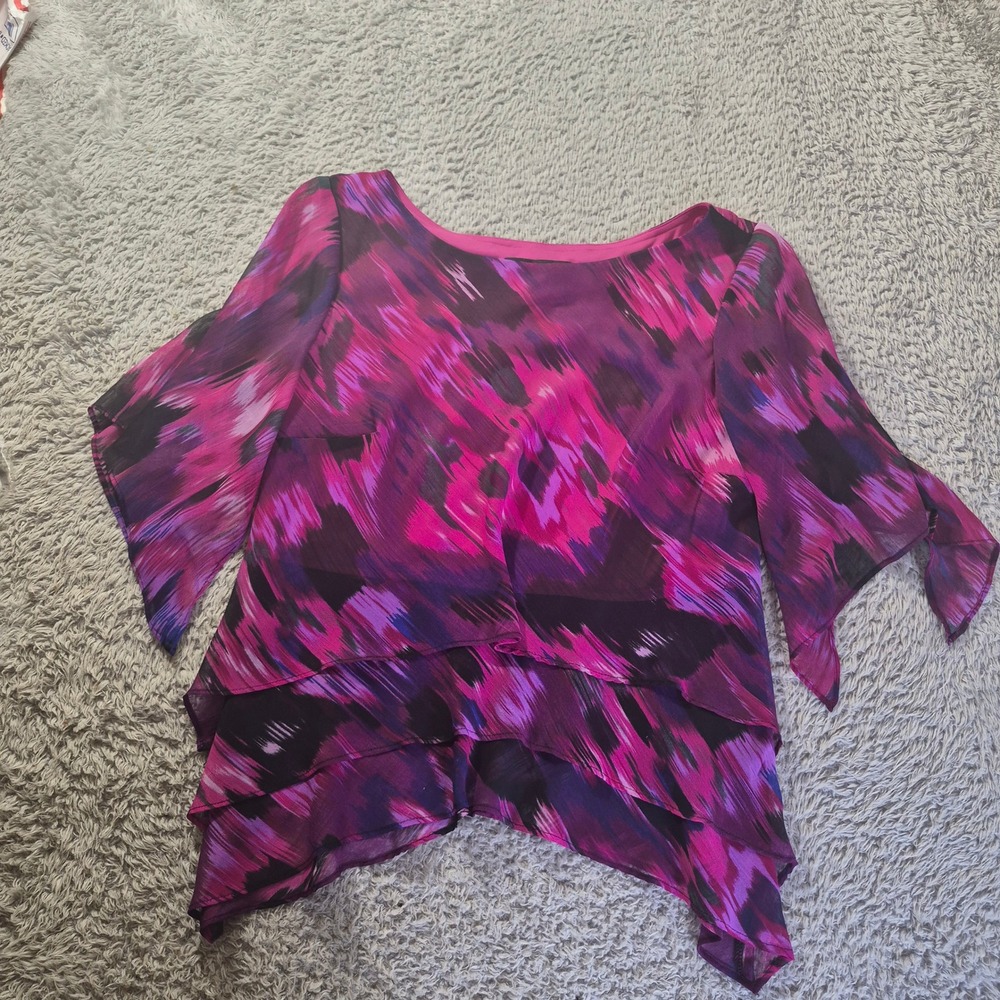 Alex Evenings Tiered Ruffle Blouse Womens S Pink Purple Abstract Chiffon Top Vtg